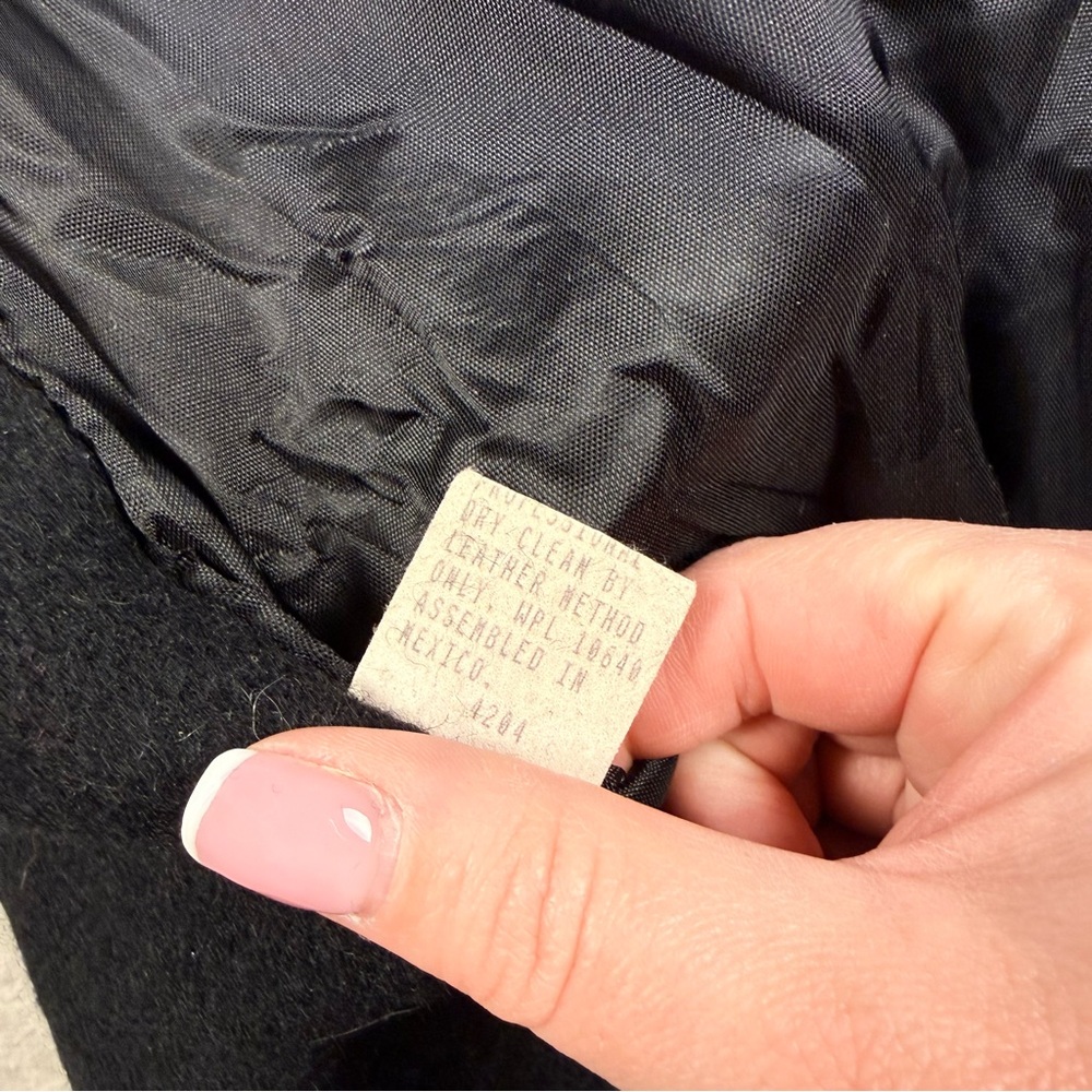 Vintage Jofeld Black Wool Blend Long Coat Leather Shoulder Detail USA Size S - Picture 12 of 12